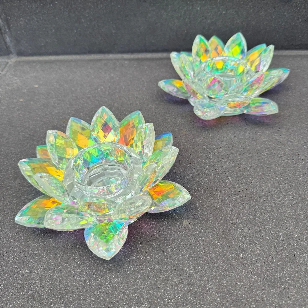 Z GALLERIE 2 pc LOTUS FLOWER candle holder crystal rainbow home decor iridescent